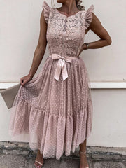 Pbong Women Elegant Turtleneck Lace Patchwork Party Dress Sexy Sleeveless Ladies Summer Mesh Ruffle Dress Cute Princess Lace-Up Dress