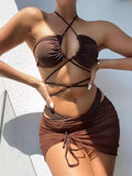 3 Pieces Set Swimsuit Women High Waist Swimwear Sexy Lace Up Micro Bikini Set With Skirt Solid Beachwear Bathing Suit