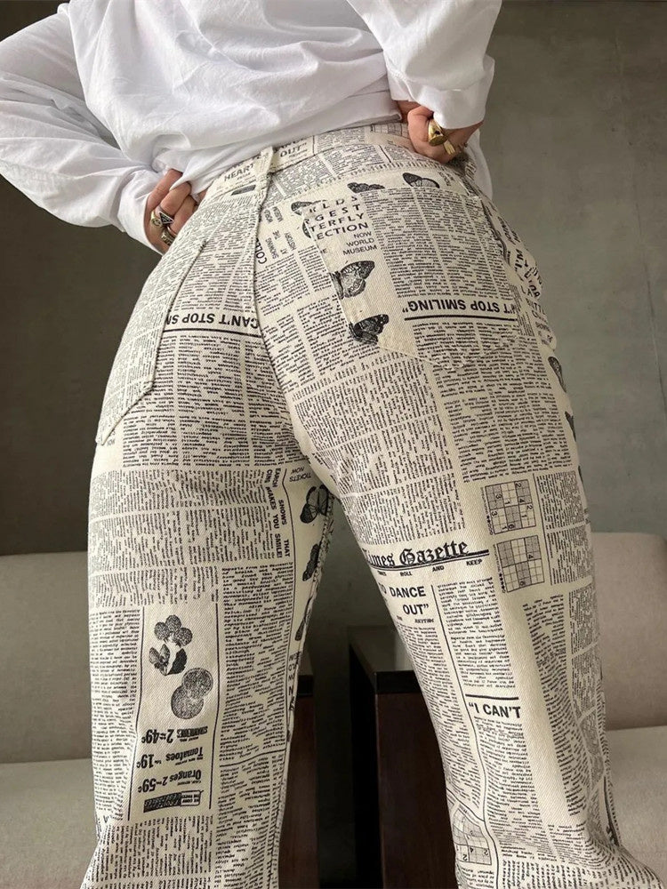 Woman Fashion Beige Print Straight Pants Spring Chic High Waisted Button Pants Girls Cool Streetwear Patchwork Trousers