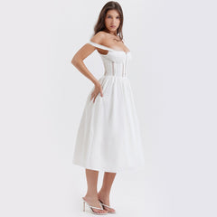 Summer Square Neck Sleeveless White Holiday Dress Elegant Lace Hollow Out A Line Party Dress with Lining Dress