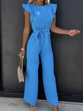 Summer Fashion Waist Lace-up Party Wide Leg Pant Women Elegant Solid Ruffle Sleeve Jumpsuit Casual Office O Neck Romper Overalls