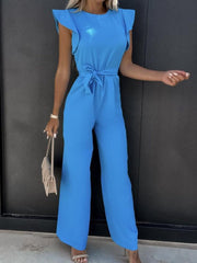 Summer Fashion Waist Lace-up Party Wide Leg Pant Women Elegant Solid Ruffle Sleeve Jumpsuit Casual Office O Neck Romper Overalls