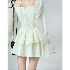White Women's Dress Short Skirt French Vintage Long Short Sleeve Summer Ladies Chic Design Ruffle Skirt Halterneck Dresses