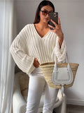 V-Neck Oversized Women's Sweater Long Sleeve Hollow Out Striped Knit Tops Winter Trend Casual Loose Pullover Sweaters