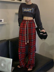 Korean Fashion Red Plaid Pants Women Y2K Vintage Green Oversized Wide Leg Checkered Trousers Harajuku Jogging Sweatpants