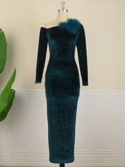 Bodycon Dress Women Green Christmas Party Velvet Winter Feather Shiny Sequin Evening Sheath Sexy Night Out Birthday Glitter Gown  Pbong mid size graduation outfit romantic style teen swag clean girl ideas 90s latina aesthetic