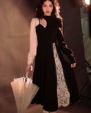 Autumn French Vintage Midi Dress Women Black Lace Patchwork Korean Party Dress Sexy Hollow Out Female Casual Elegant Dress