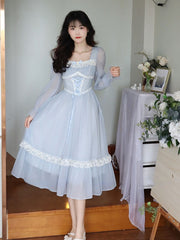 Summer French Elegant Lace Midi Dress Woman Long Slevee Korean Fashion Dress Casual Party Pure Color Vintage Dress Female