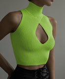 Sexy Cut Out Cropped Tops for Women Knitted Turtleneck Short Tank Tops  Sleeveless Slim Sweater Ladies Casual Vest