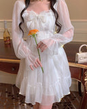 French Sweet Fairy Lolita Dress Women Long Sleeve Lace Y2k Mini Dress Vintage Kawaii Clothes One Piece Dress Korean Summer
