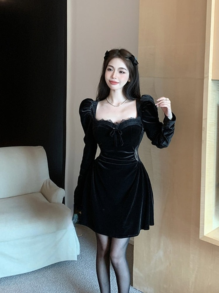 Gothic Vintage Balck Long Sleeve Dress Woman Elegant Fashion Velvet Midi Dress Korean Style Even Party Dress Casual Spring