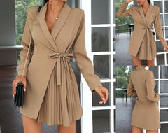 Pbong  Spring and Autumn Fashion Women's Clothing Solid Color Lapel Tie Pleated Splicing Small Suit