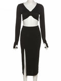 Elegant Solid Black 2 Pieces Set Women Outfit Long Sleeves Crop Top+High Waist Side Slit Skirts Matching Lady Streetwear