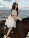 Harajuku Birthday Korean Beach Style Square Collar Short Puff Sleeve Chiffon Ball Gown Mini Dress for Women Party Summer