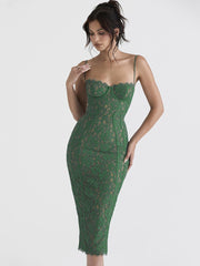 Midi Lace Green Dress Elegant Sexy Night Wedding Guest Evening Party Dresses Spaghetti Strap Birthday Dresses for Women
