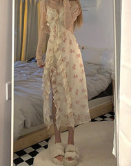 Summer Floral Sleeveless Midi Dress Elegant Sexy French Vintage Strap Dress Woman Party One Piece Dress Korean Fashion