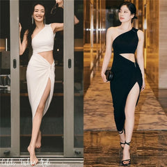 Black White Party Dress Elegant Sexy Asymmetrical Cut Out One Shoulder High Split Long Dresses for Women N71-CG28