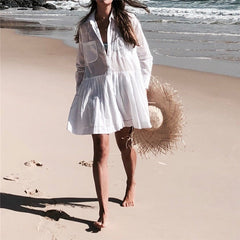 Women Swimsuit Cover Ups Mandarin Sleeve Kaftan Beach Tunic Dress Robe De Plage Solid White Pareo Beach Cover-ups Pbong mid size graduation outfit romantic style teen swag clean girl ideas 90s latina aesthetic