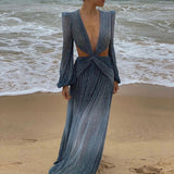 Pbong mid size graduation outfit romantic style teen swag clean girl ideas 90s latina aestheticSexy V-Neck Backless Hollow Out Dress Summer Women Lantern Sleeve Club Party Long Maxi Dresses Tunic Beach Cover Up A916