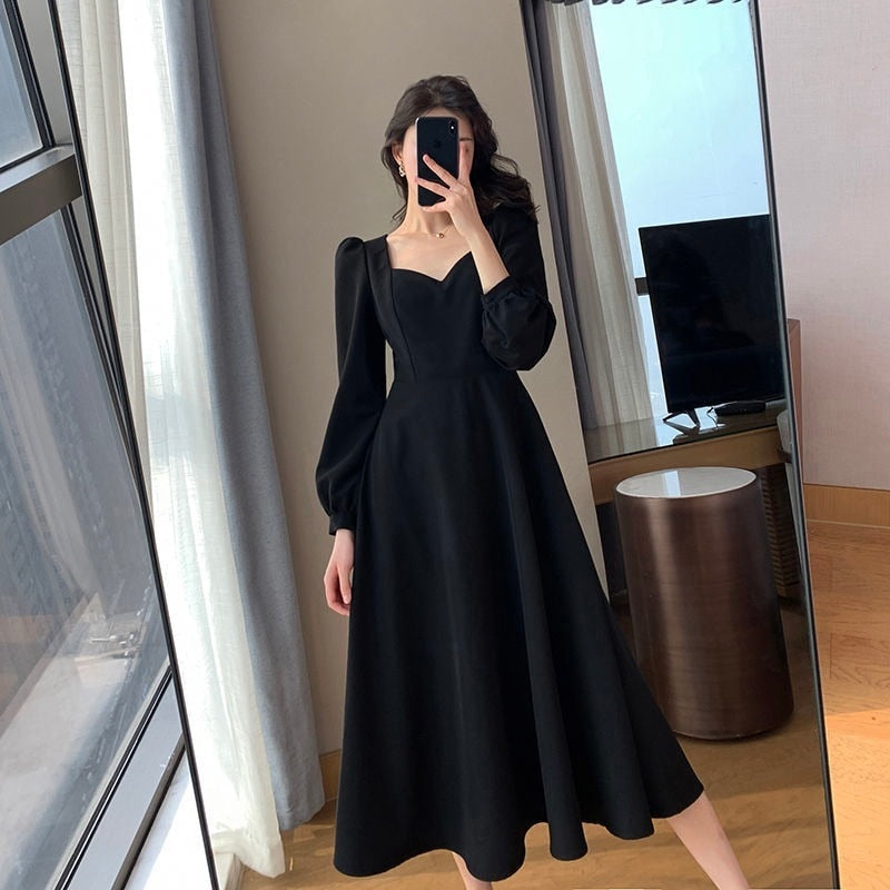Vintage Black Dress Women Retro Elegant Wrap Midi Dresses Korean Harajuku Long Sleeve Solid Clothes Spring Fashion