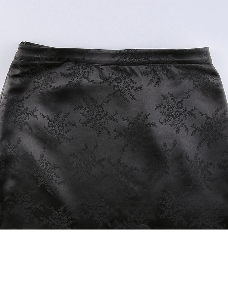 Satin Floral Split Midi Skirt Seexy Slim Solid High Waisted Straigh Skirts Women Chinesh Style Vintage Clubwear 90S