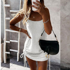 Sleeveless Sling Mini Short Dress Casual Fashion Backless Drawstring Low Collar Solid Sexy Spring Summer New Women Dresses