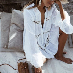 Women Swimsuit Cover Ups Mandarin Sleeve Kaftan Beach Tunic Dress Robe De Plage Solid White Pareo Beach Cover-ups Pbong mid size graduation outfit romantic style teen swag clean girl ideas 90s latina aesthetic