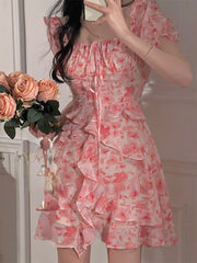 Autumn Beach Floral One Piece Dress Korean Ladies Short Sleeve French Elegant Dress Fashion Party Casual Vintage Midi Dress