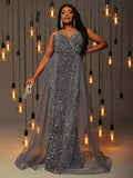 Plus Size Evening Party Dresses Women New Fashion Sexy V-neck Sleeveless Dresses Elegant Slim Sequin Elegant Women's Dresses