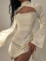 Long Sleeve Satin Dress White Sexy Evening Wedding Guest Night Dress Party Dress Draped Mini Birthday Dress For Women lined