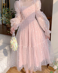 Lace Elegant Sequin Fairy Dress Women Pink Patchwork Vintage Party Midi Dresses Female Casual Sweet Princess Kawaii Dress