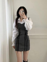 Korean Bandage Bodycon Dress Women Vintage Kpop Wrap Short Dresses Casual Long Sleeve Spring Chic Slim Robes Female