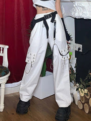 Gothic Harajuku Black Cargo Pants Women Chain Wide Leg Goth Hippie Streetwear White Trousers Loose Female Baggy Fashion
