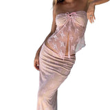 2pcs Set Women Lace Bustiers Strapless Off Shoulder Tube Tops Party Club Mesh See Through Tank Low Waist Long Skirts