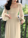 French Vintage Midi Dress Women Long Sleeve Pure Color Elegant Chiffon Dress Office Lady Lace One Piece Dress Korean  Spring