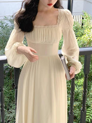 French Vintage Midi Dress Women Long Sleeve Pure Color Elegant Chiffon Dress Office Lady Lace One Piece Dress Korean  Spring