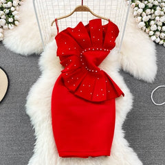 Pbong mid size graduation outfit romantic style teen swag clean girl ideas 90s latina aesthetic Fashion Party Dresses For Women  Sleeveless Beaded Pleated Ruffles Strapless Sexy Bodycon White Dress Luxury Elegant Dress