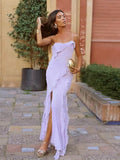 Women Elegant Purple chiffon Ruffles Dresses Sexy Chic V Neck Sleeveless Backless Split Frock Summer Fashion Beach Party Vestido