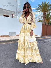 Sexy V-Neck Backless Hollow Out Dress Autumn Women Lantern Sleeve Club Party Long Maxi Dresses Tunic Beach Cover Up Pbong mid size graduation outfit romantic style teen swag clean girl id