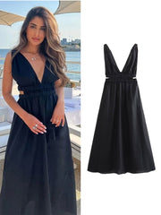 Women Solid Hollow Out Midi Camisole Dresses Summer Elegant Casual Deep V-Neck Backless A-line Party Dress