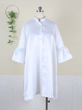 Pbong mid size graduation outfit romantic style teen swag clean girl ideas 90s latina aestheticWomen Loose Dresses Stand Collar Three Quarter Sleeves Oversized White Yellow Ladies Classy Summer Autumn Robes Gowns
