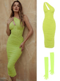 Summer Midi Mesh Dress Bodycon One Shoulder Eveining Night Party Dresse Cut Out Draped Women Birthday Dress Elegant Stretch