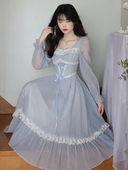 Summer French Elegant Lace Midi Dress Woman Long Slevee Korean Fashion Dress Casual Party Pure Color Vintage Dress Female