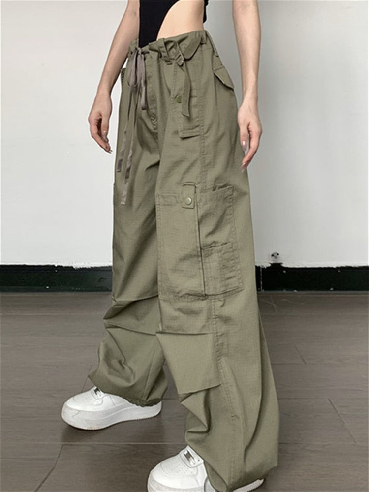 Y2K Green Low Waist Cargo Parachute Pants Women Hip Hop Streetwear Oversized Drawstring Wide Leg Trousers Harajuku Retro