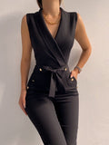 Sexy Black Office Jumpsuit Lady Elegant Pocket Metal Button Bodycon Playsuit Casual One Piece Sleeveless Lace-Up Romper Overalls
