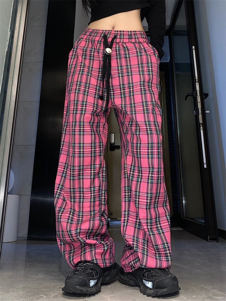 Harajuku Pink Plaid Pants Women Cyber Y2K Egirl Wide Leg Checked Trousers Female Oversize Streetwear Edgy Style Sweatpants