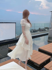Summer Chiffion Elegant Midi Dress Women Kawaii Clothing Short Sleeve Beach Style Party Dress Office Lady Korean Fashion