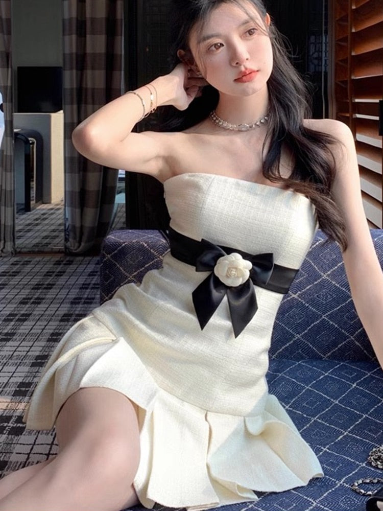 French Elegant Small Fragrance Summer Dress Women Hotsweet Fashion 3D Flower Pleated Mini Dress Party Vestido Feminino
