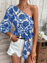 Women New Pattern Print One Shoulder Blosues Sexy Skew Collar Waist Lace-up T-Shirt Top Fashion Casual Office Long Sleeve Blusas