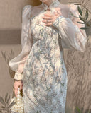 Vintage Elegant Cheongsam Dress Women Floral Embroidery Design Party Fairy Dress Female Spring Court Retro Long Split Dress